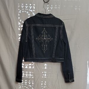 Embellished Cross Dark Blue Denim Jacket - Women
